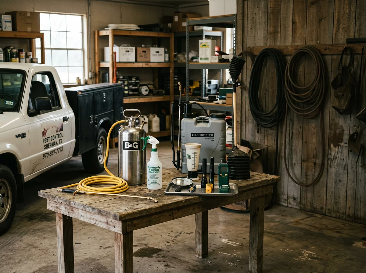 Pest control technician with equipment and treatment supplies ready for service.