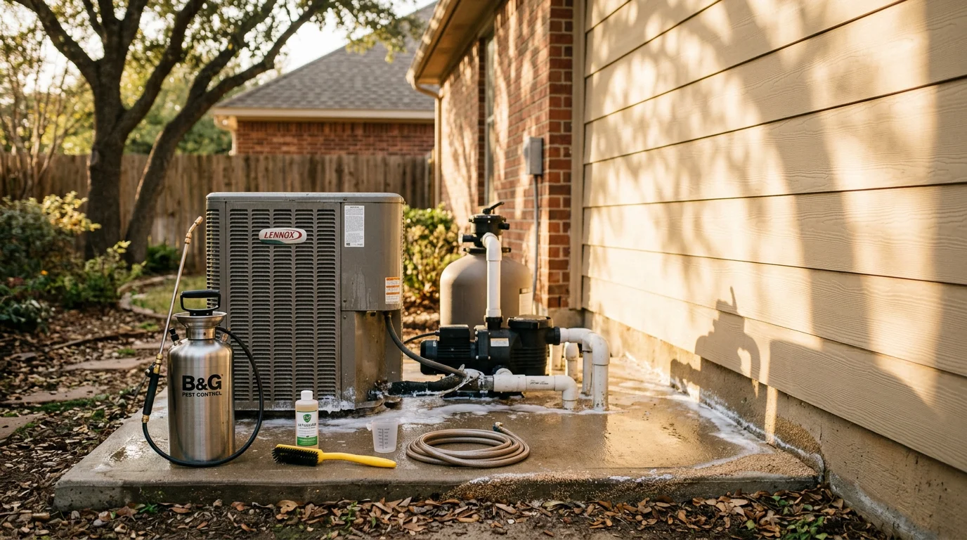 Technician treating outdoor AC unit and pool equipment area