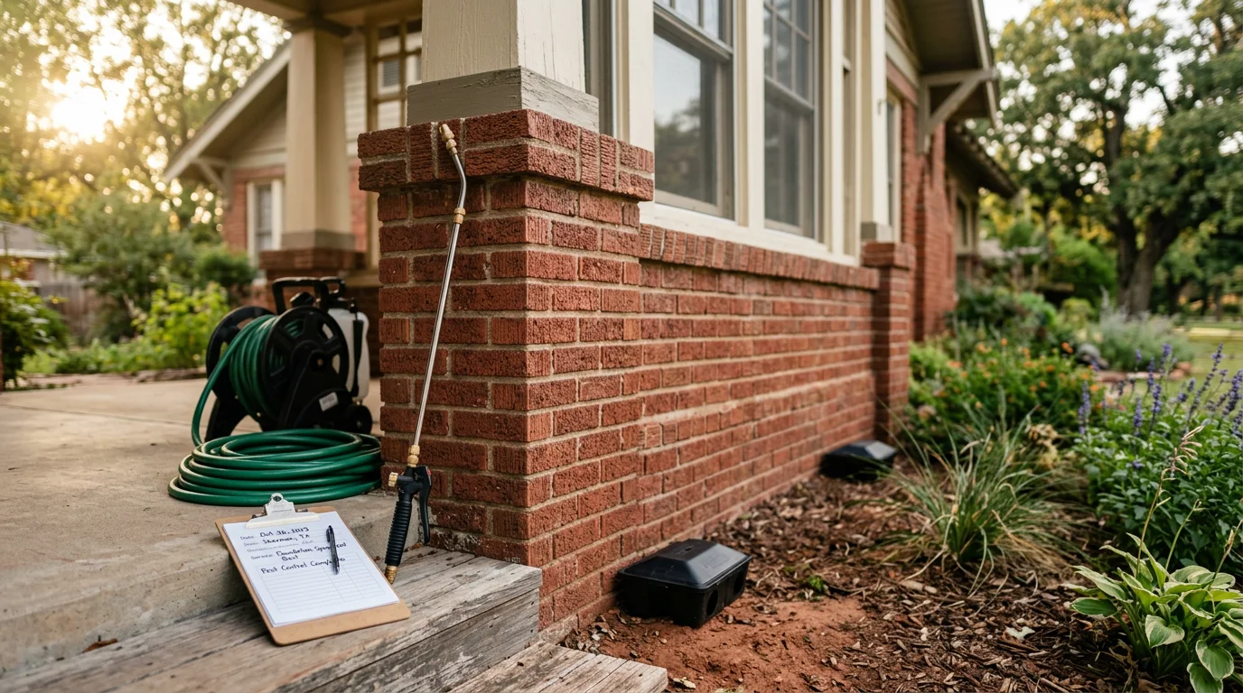 Pest control technician spraying treatment around home exterior