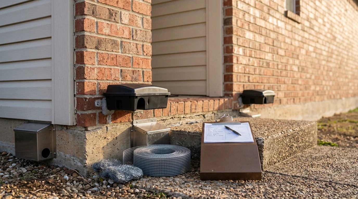 Pest control technician performing rodent control inspection and exclusion service on a North Texas home