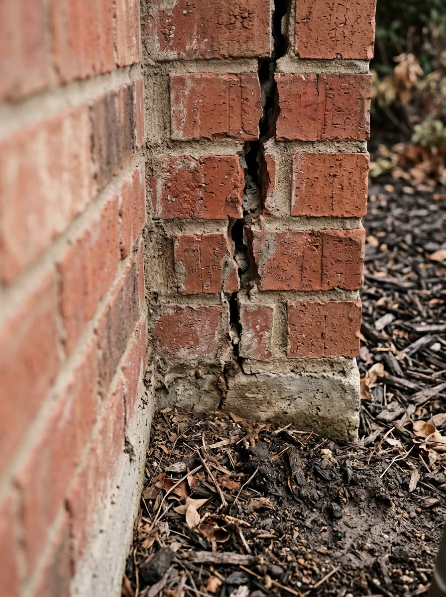 Close-up of foundation crack and soil contact point where termites enter homes in Anna