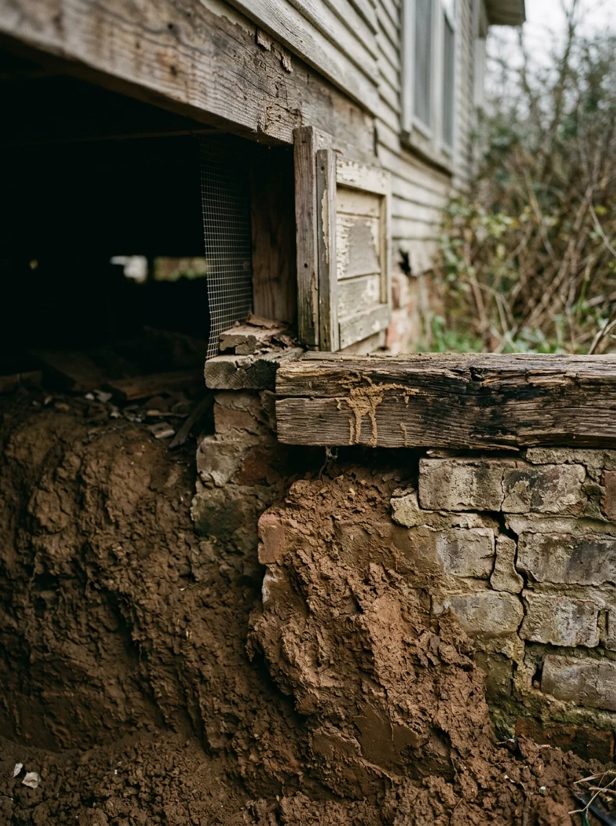 Clay-loam soil and foundation of older Bonham home showing termite risk areas near crawl space and wood framing