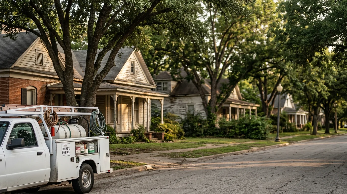 Bonham, Texas historic downtown with mature oak trees and older residential homes vulnerable to termites and rodents