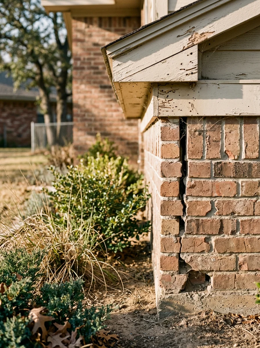 Foundation and eave detail of mid-century home showing potential termite and rodent entry points