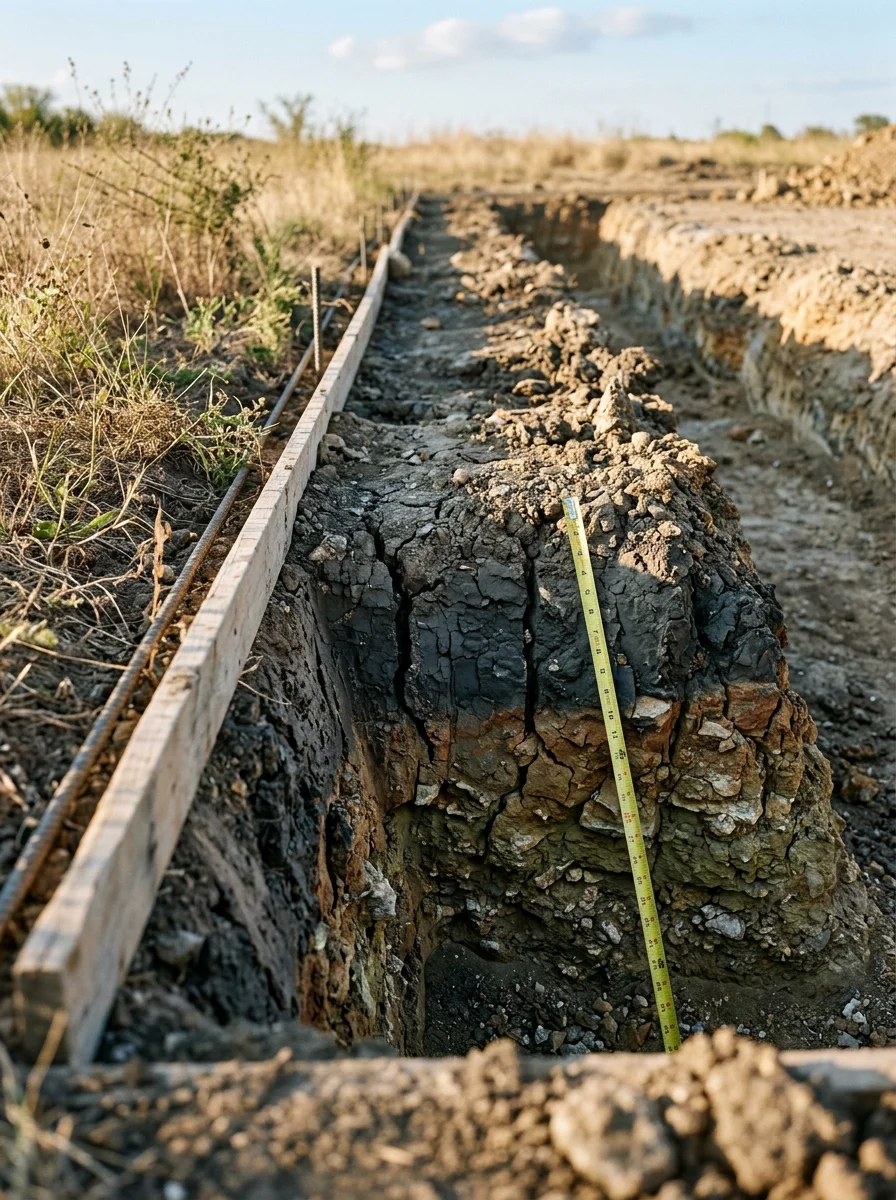 Blackland Prairie clay soil exposed during foundation work, showing cracks typical of North Texas expansive clay conditions