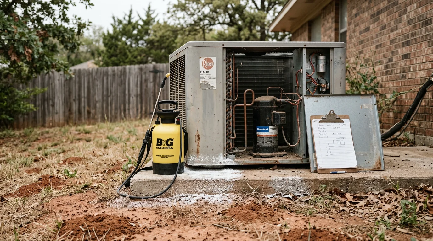 A pest control technician inspecting and treating the exterior housing of a residential AC condenser unit in a Sherman, Texas backyard. The surrounding equipment pad is clear of fire ant mounds and wasp activity following treatment.