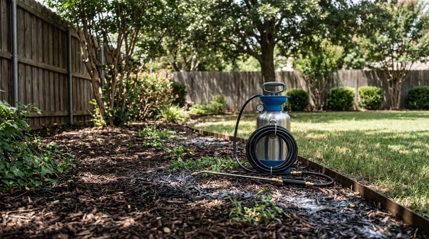 A pest control technician from PinPoint Pest Defense treating a shaded backyard fence line and mulched garden bed at a Sherman, TX residential property. The yard shows typical North Texas landscaping with established shrubs and a wooden privacy fence.