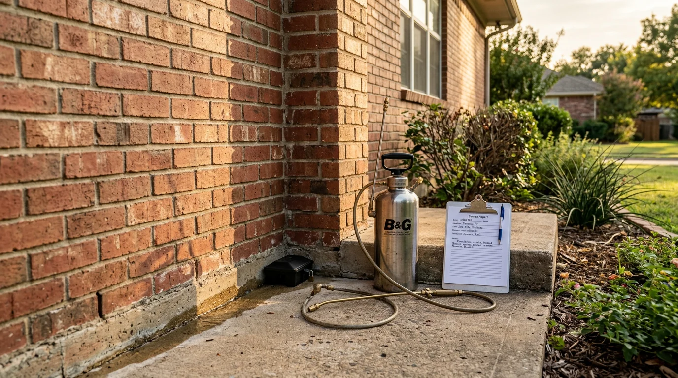 A pest control technician applying a perimeter barrier treatment around the foundation of a single-family home in Sherman, Texas. The exterior walls and ground-level entry points are the focus of the treatment.