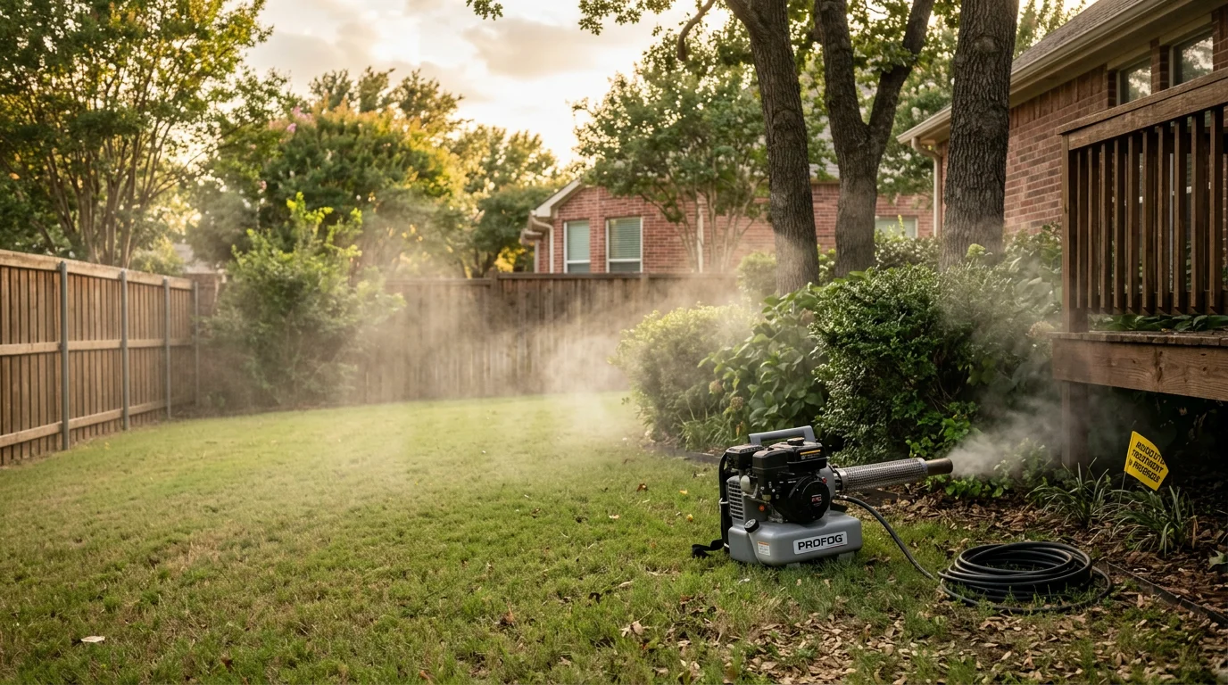 A pest control technician from PinPoint Pest Defense applying mosquito fogging treatment to a shaded backyard in Sherman, TX. Fine insecticide mist covers dense shrubs and lawn areas along the property perimeter.