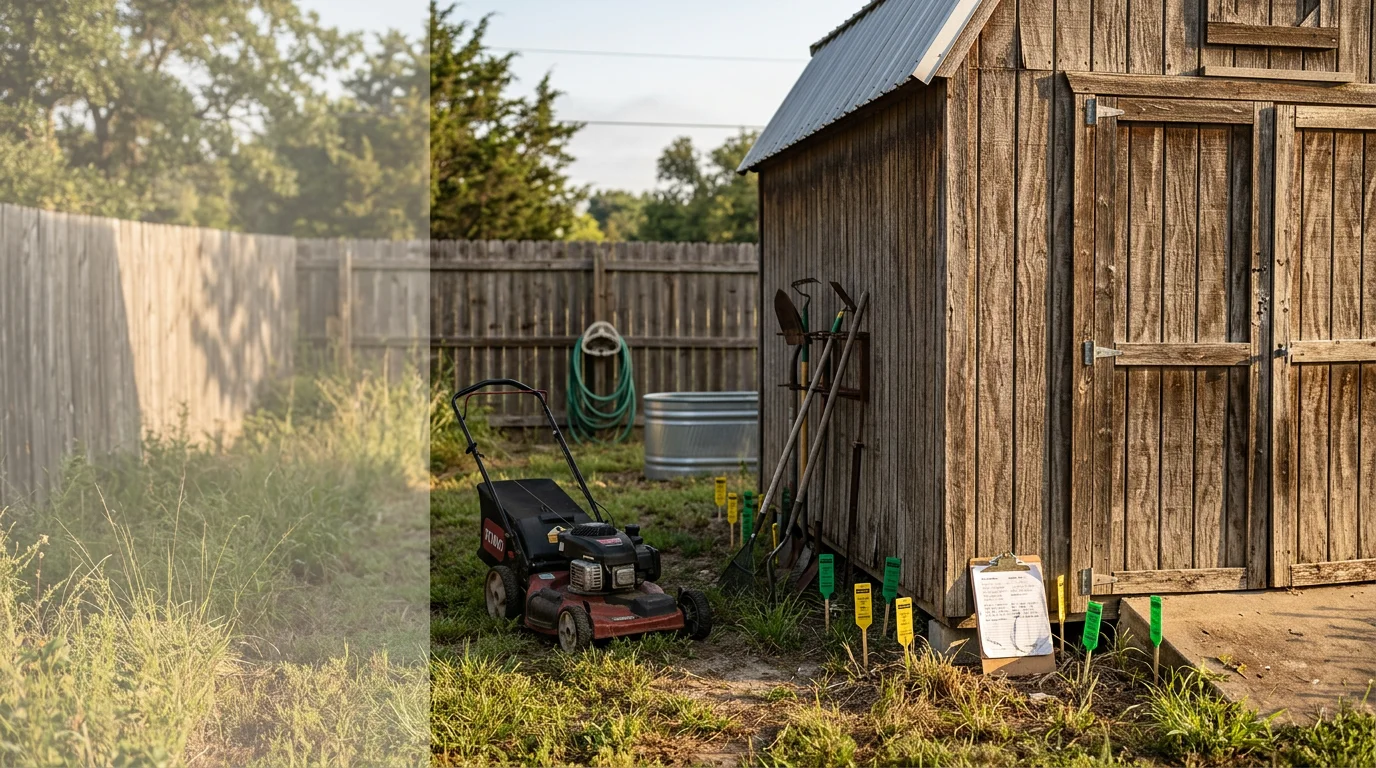 Exterior view of a Sherman home backyard showing a treated shed perimeter and outdoor equipment storage area with no visible pest activity. A pest defense technician inspects the ground-level zone around a lawn mower and garden tools stored against a wooden fence.