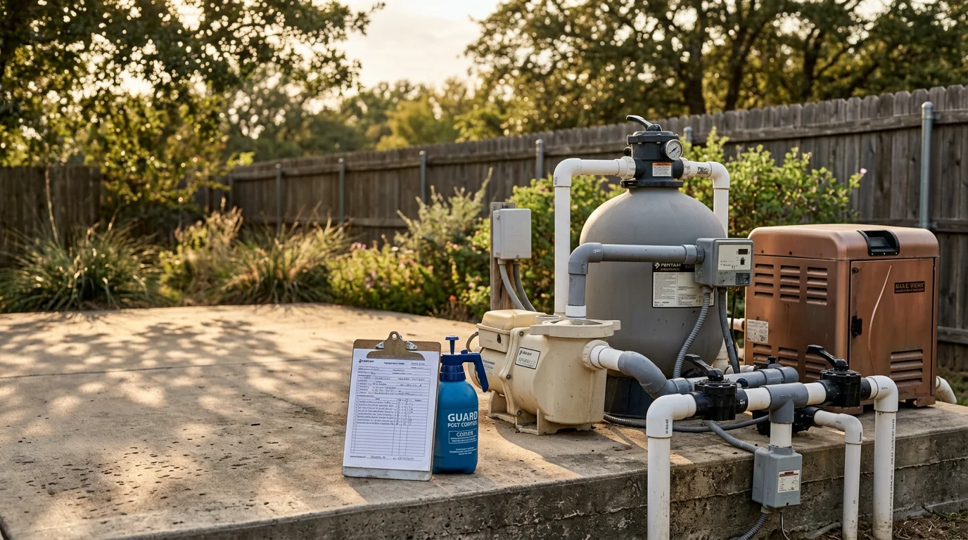 Close-up view of a residential pool equipment pad in Sherman, Texas, showing a pump housing and filter enclosure treated for pest prevention. A pest-free equipment pad with no visible ant mounds, wasp nests, or nesting debris around the pump and filter area.