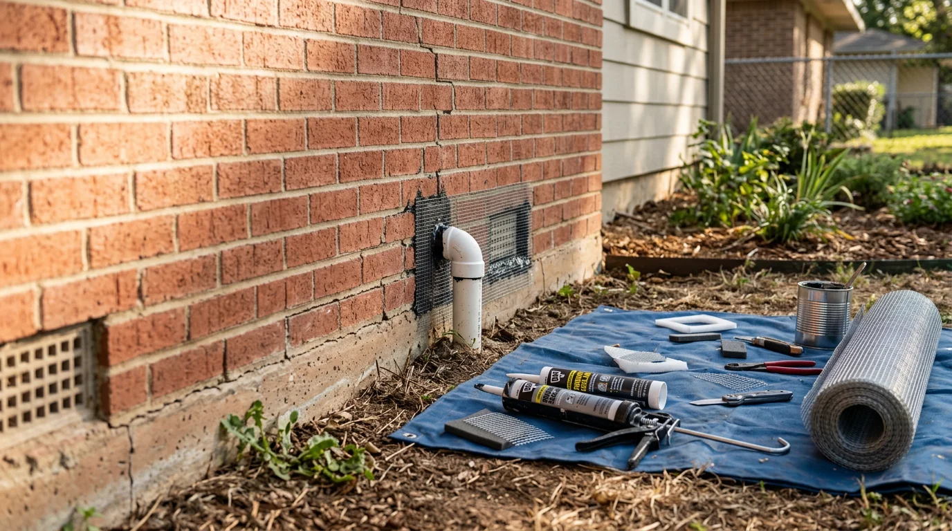 A pest control technician sealing a foundation gap along the exterior of a Sherman, TX home during a rodent exclusion service. Close-up view shows wire mesh and sealant applied around a pipe penetration at the base of a brick wall.