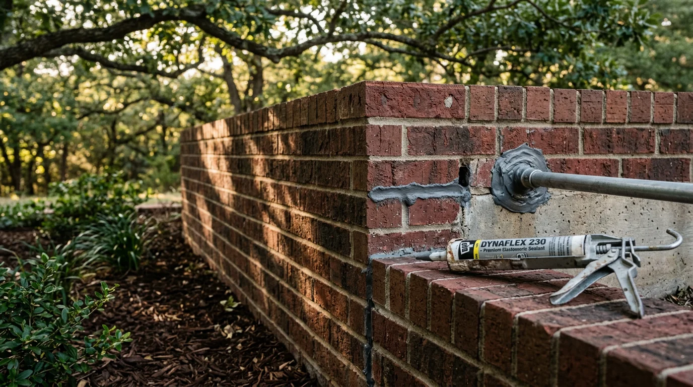 A PinPoint Pest Defense technician sealing a foundation gap on a brick veneer home in Sherman, TX. Closed weep holes and sealed utility penetrations are visible along the exterior wall.