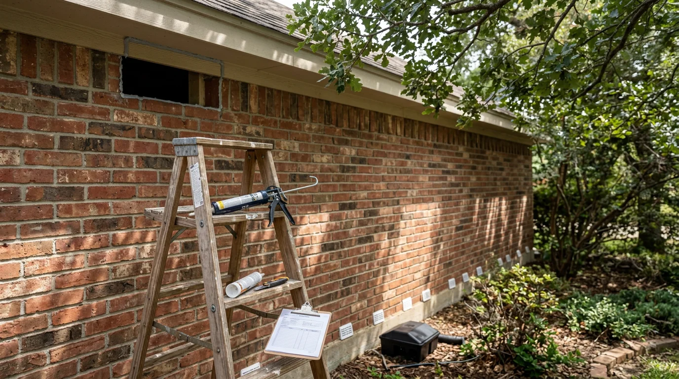 A PinPoint Pest Defense technician inspecting the exterior foundation and weep holes of a brick-veneer home in Sherman, TX for rodent entry points. Close-up view of sealed utility pipe penetrations along the home's exterior wall after rodent prevention treatment.