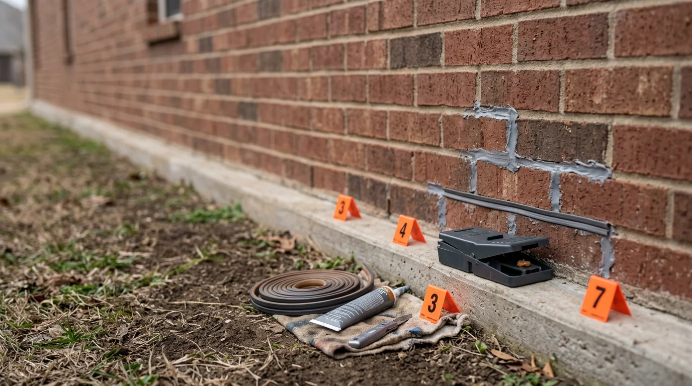 A PinPoint Pest Defense technician inspecting the foundation and weep holes of a brick home in Sherman, TX for rodent entry points. Close-up view of sealed gaps along the exterior wall after a completed rodent removal service.
