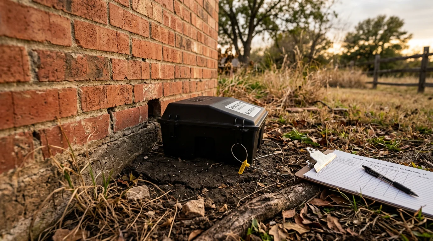 A tamper-resistant rodent bait station anchored along the brick foundation of a Sherman, Texas home, positioned at a weep-hole entry point with a fence line visible in the background. The locked station sits flush against the exterior wall as part of a perimeter rodent control setup.