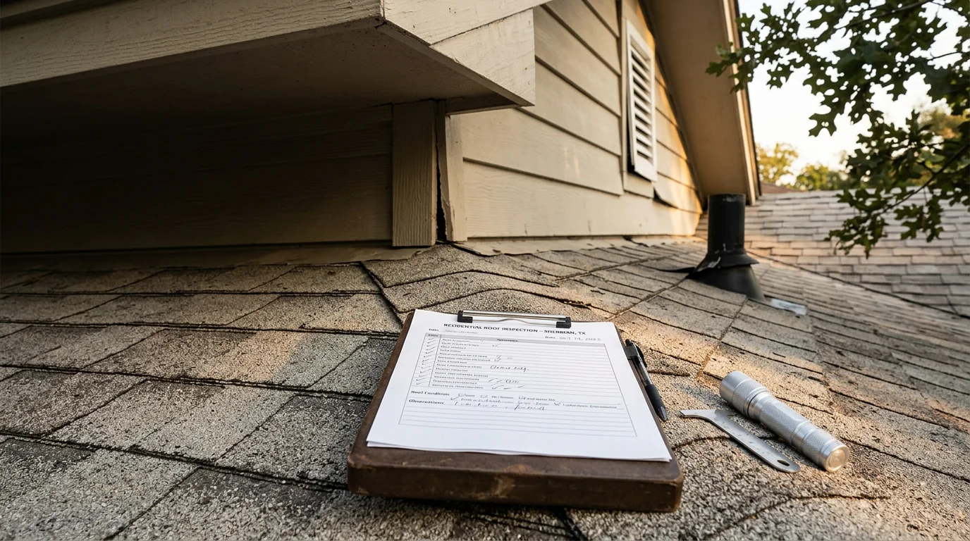 A wildlife control technician inspecting soffit vents and roofline gaps on a residential home in Sherman, Texas. Close-up view shows an unscreened gable vent and gap along the soffit-to-wall transition identified as a rodent entry point.