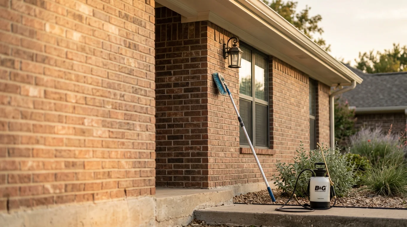 A pest control technician removing spider webs from the eaves and soffits of a single-family home exterior in Sherman, Texas. The home's entry points and porch light fixtures are visibly clear of webbing after service.
