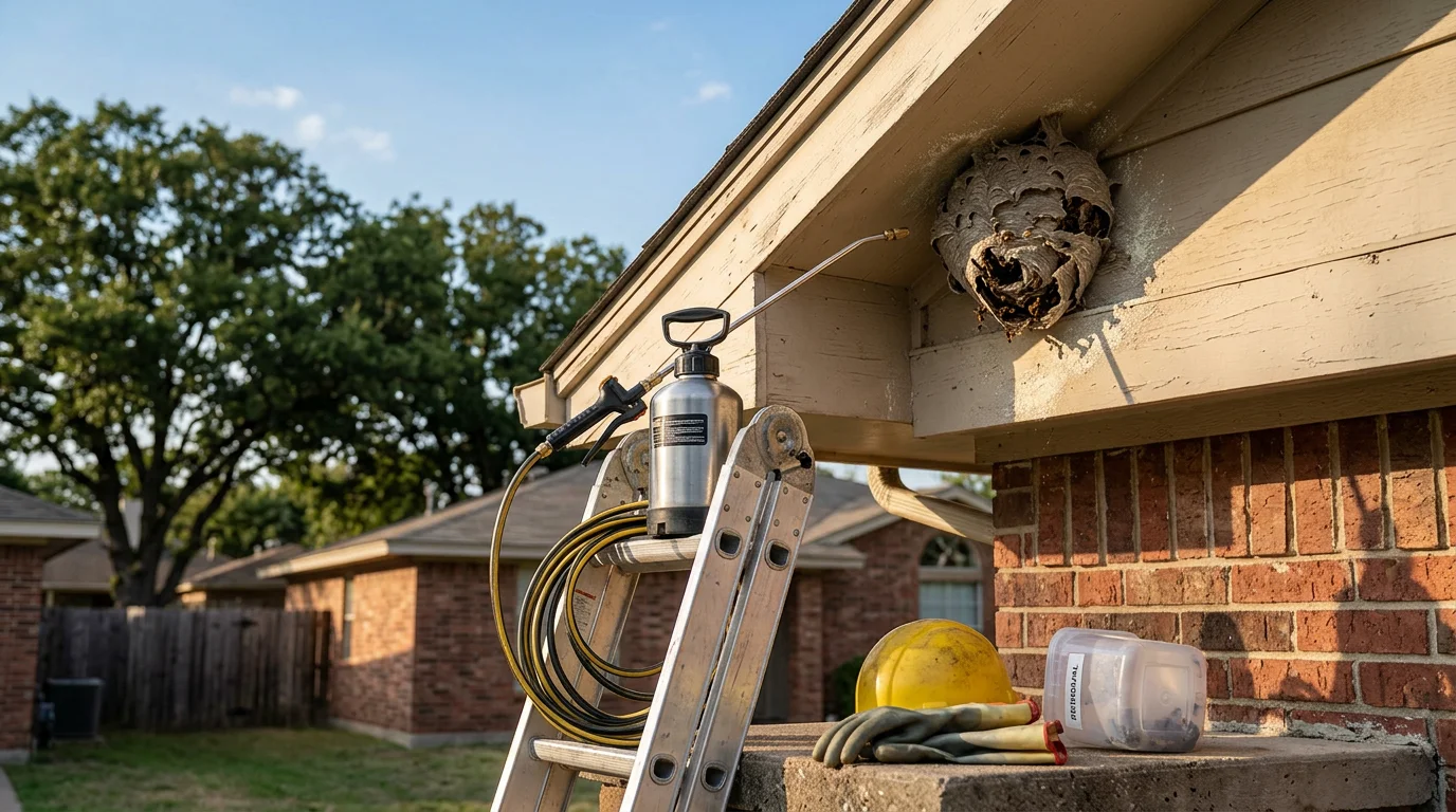 A pest control technician in protective gear removing a large paper wasp nest from the soffit of a residential home in Sherman, Texas. The nest has been fully detached and the surrounding eave area is clear of wasp activity.